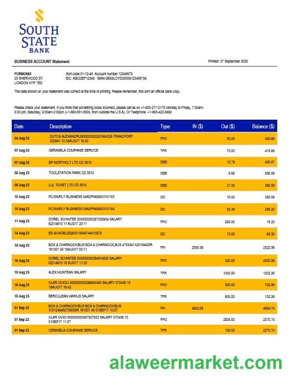 South State Bank company statement Word and PDF template